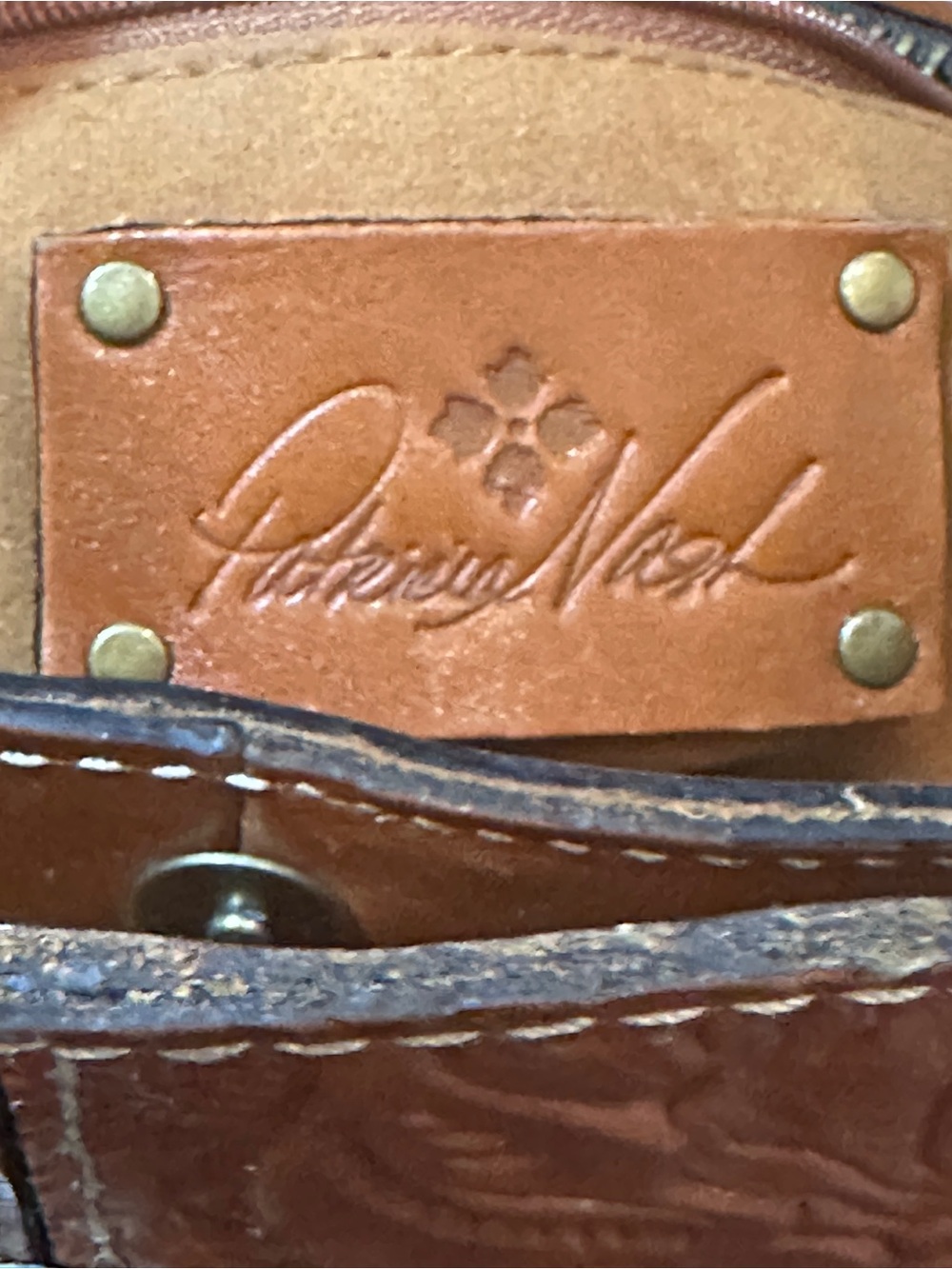 Patricia Nash Tooled Floral Embossed Leather Satchel Purse – Cognac Brown - Picture 4 of 14
